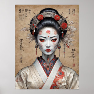 Affiche geisha japonaise cyberpunk sur parchemin