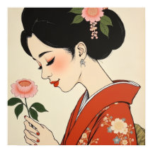 Géisha Japonaise Kimono Rouge de Style Ukiyo-e