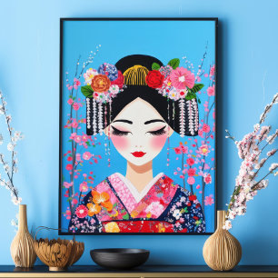 Affiche Geisha Portrait Cerise Blossoms Mur japonais