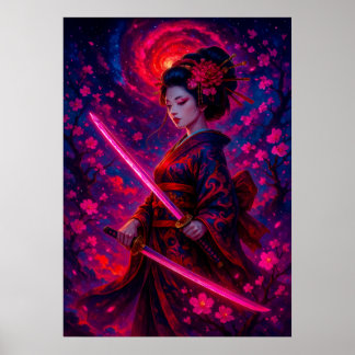 Affiche Geisha Samurai cosmique avec Imaginaire des épées