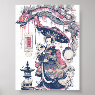 Affiche Geisha With Dragon and Cats 37007