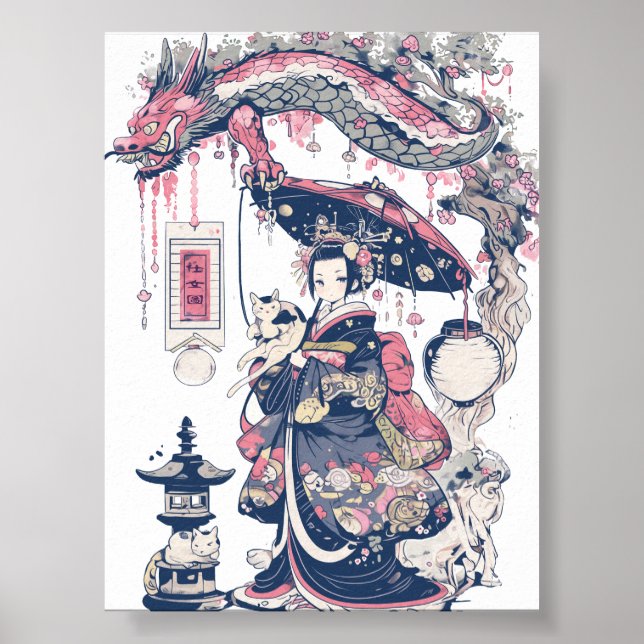 Affiche Geisha With Dragon and Cats 37007 (Devant)