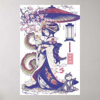 Affiche Geisha With Dragon and Cats 37009