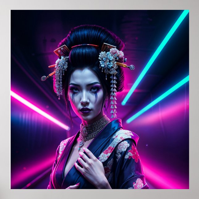 Affiche Geisha with Neon Background – Fridge Magnet Art (Devant)