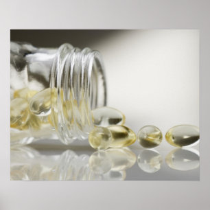 Affiche Gelcaps se déversant dans la bouteille de verre