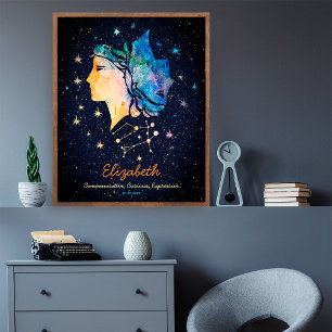 Affiche Gemini Constellation Zodiac Aquarelle Star Galaxy