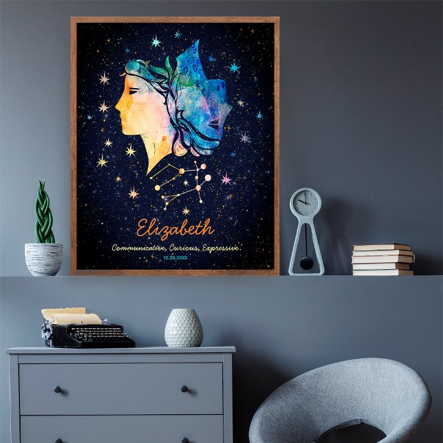 Affiche Gemini Constellation Zodiac Aquarelle Star Galaxy (Créateur téléchargé)