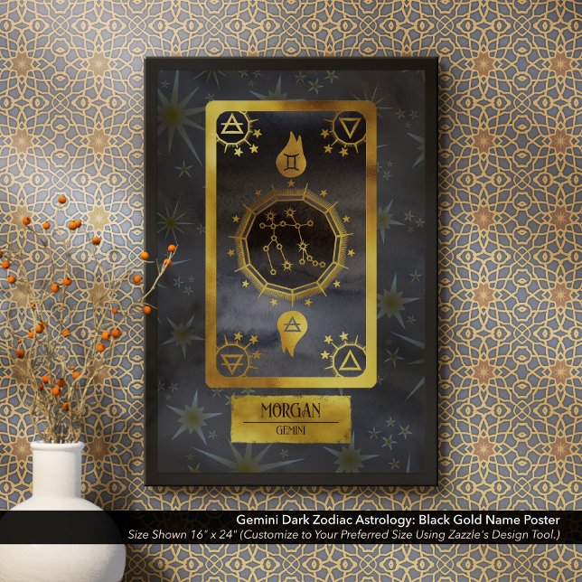 Affiche Gemini Dark Zodiac Astrologie : Black Gold Nom (Dark Zodiac Poster: for the Birth Sign Gemini in Black and Gold Personalized with Your Name.)
