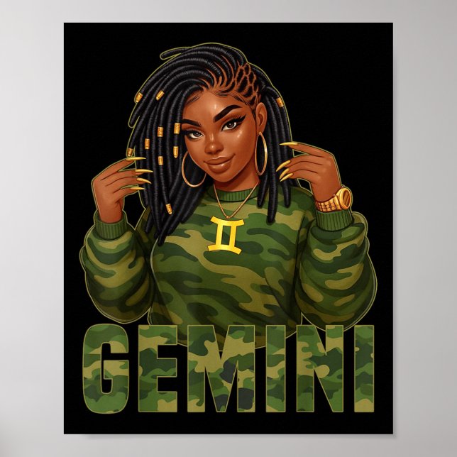 Affiche Gemini Queen Loc'd Black Woman Camo Zodiac Sign  (Devant)