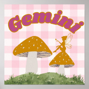 Affiche Gemini Zodiac Cottagecore Fée Champignons