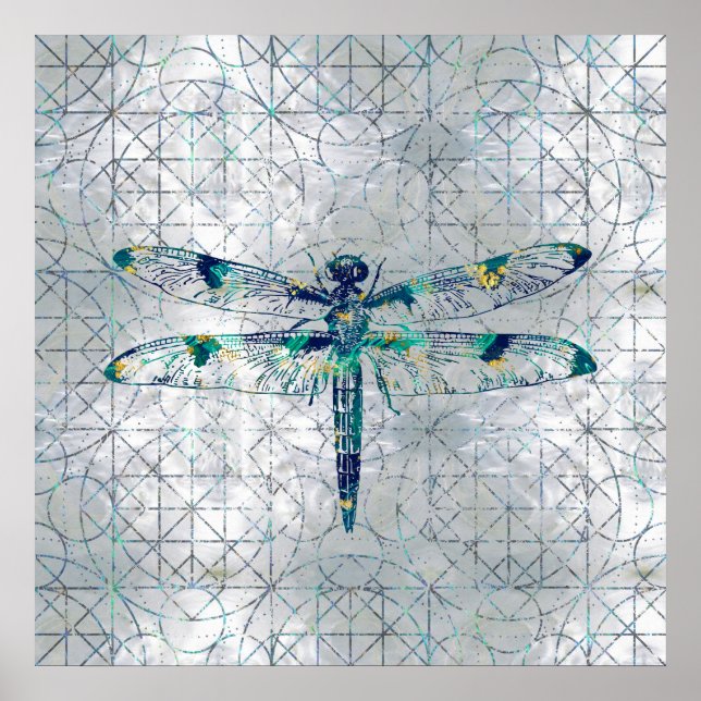Affiche Gemstone Dragonfly sur motif de géométrie sacrée (Devant)