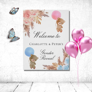 Affiche Gender reveal party teddy bear pampas grass couple