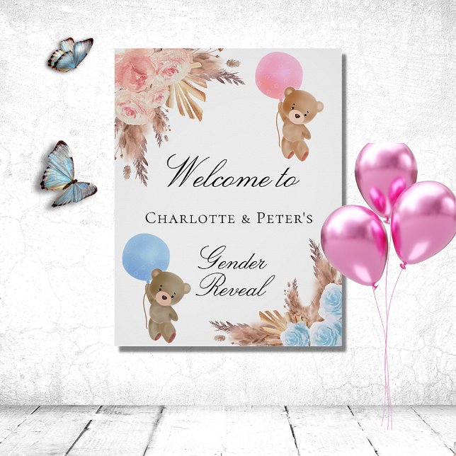 Affiche Gender reveal party teddy bear pampas grass couple (Créateur téléchargé)