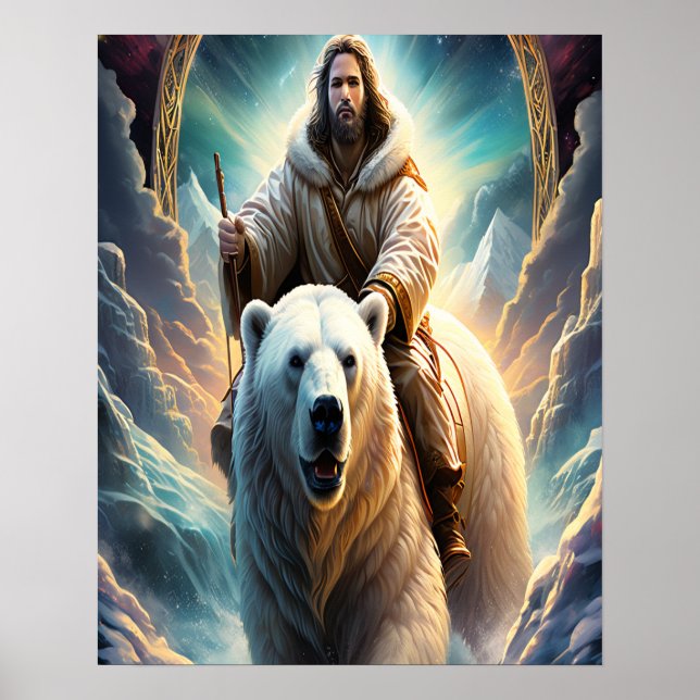 Affiche (Généré par AI ) Jésus sur un ours polaire 20x16 (Devant)