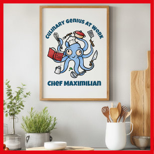 Affiche Génie culinaire au travail Cute Cartoon Chef Octop