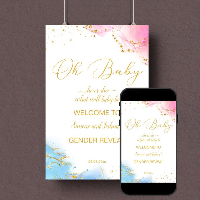 Affiche Genre révéler signe d'accueil oh bébé rose bleu (Gender reveal party welcome sign template instant download pink and blue gold glitter)