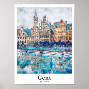 Affiche Gent Belgique Voyage Aquarelle main tirée