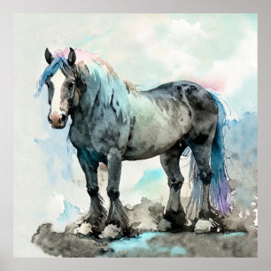 Affiche Gentil Cheval de Trait Shire Aquarelle Bleu