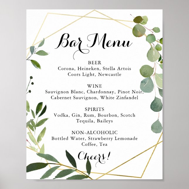 Affiche Geometric Gold Tropical Wedding Bar Menu Sign (Devant)