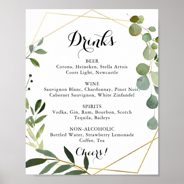 Affiche Geometric Gold Tropical Wedding Drinks Menu Sign (Devant)