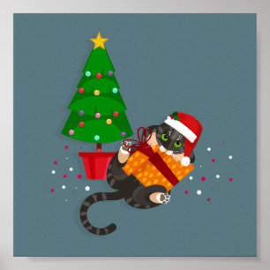 Affiche Geometric Tabby Cat playing with christmas present