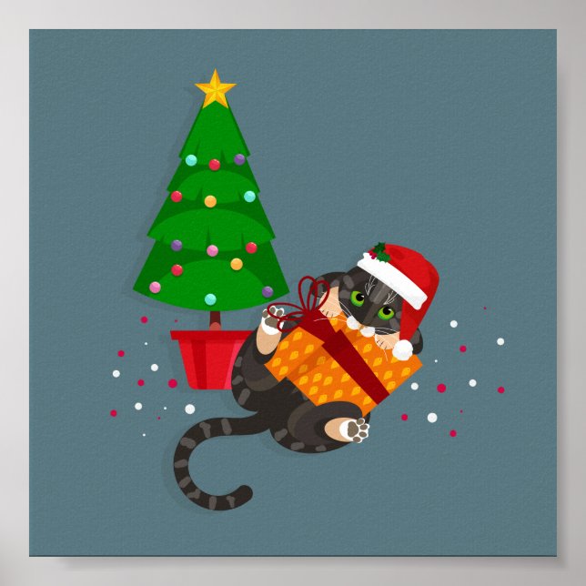 Affiche Geometric Tabby Cat playing with christmas present (Devant)
