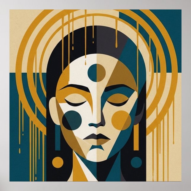 Affiche Geometric Zen Portrait in Teal and Ochre (Devant)