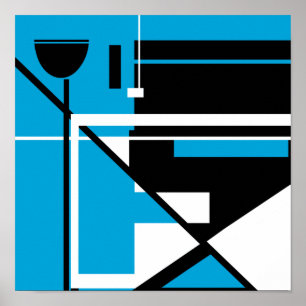 Affiche Géométrie en blanc noir Abstrait sur bleu moyen