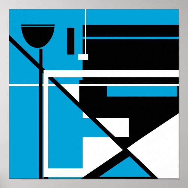 Affiche Géométrie en blanc noir Abstrait sur bleu moyen (Devant)