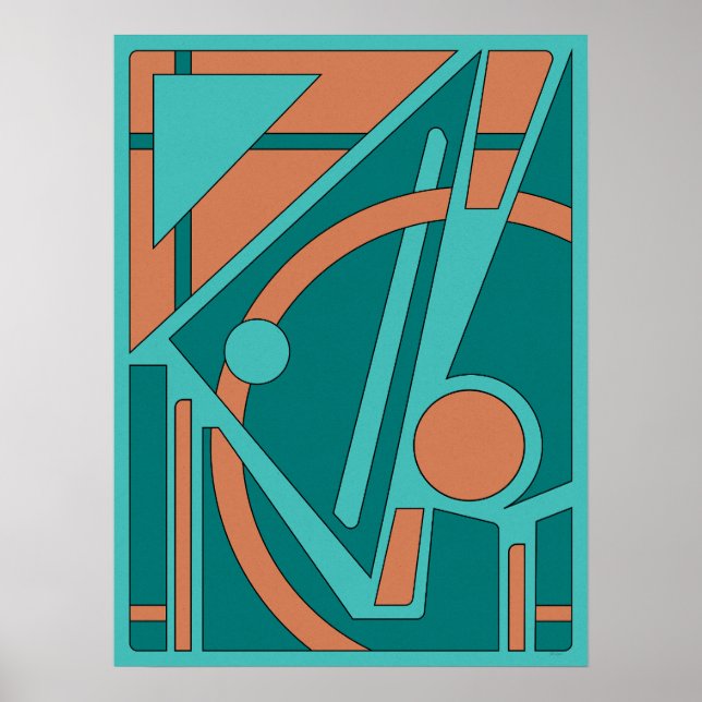 Affiche Géométrique Abstrait en Turquoise et corail (Devant)