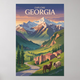 Affiche Géorgie Montagnes du Caucase Voyage Art Vintage