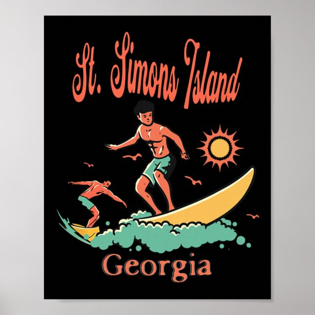 Affiche Géorgie St. Simons Island Ga Surfeur Surfant Pêche (Devant)