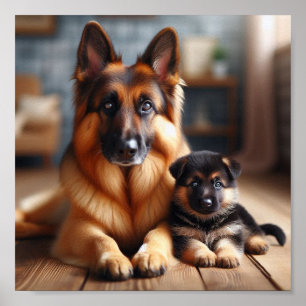 Affiche German Shepherd maman et son chiot