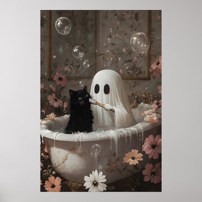 Affiche Ghost Brushing Black Cat's Teeth Bathtub Print (Devant)