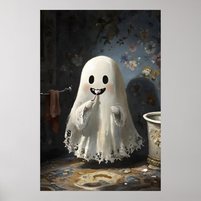 Affiche Ghost Brushing Teeth Bathtub Print, Bathroom Dark (Devant)