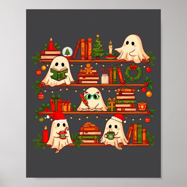 Affiche Ghost Christmas Hat Reading Book Bookshelf Lover L (Devant)
