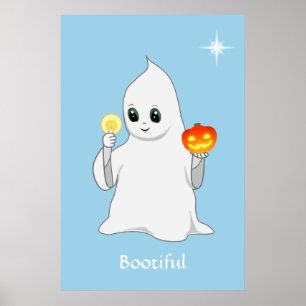 Affiche Ghost & Citrouille d'Halloween mignon sur bleu cla