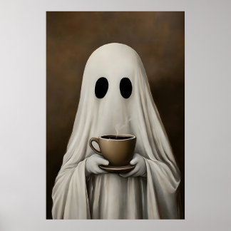 Affiche Ghost Drinking Coffee Print, Ghost Tea Whimsical