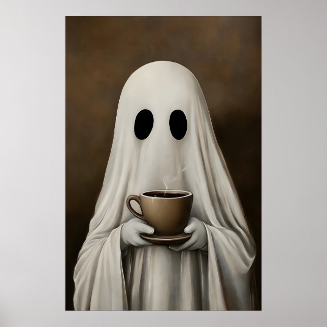 Affiche Ghost Drinking Coffee Print, Ghost Tea Whimsical (Devant)