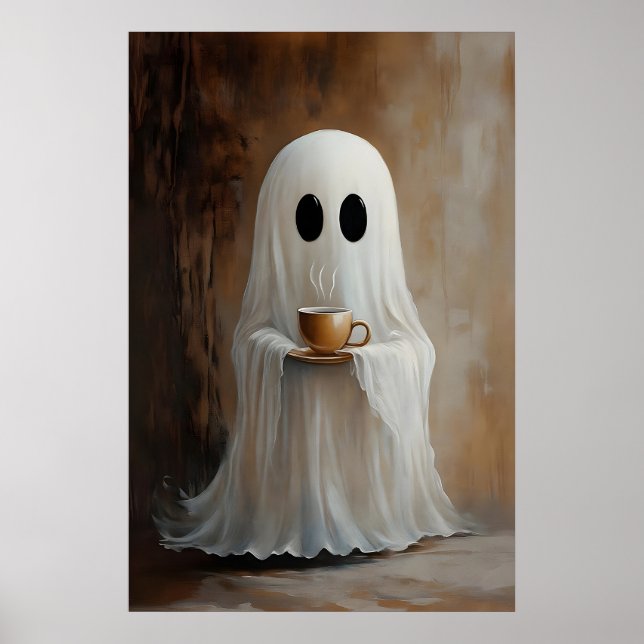 Affiche Ghost Drinking Coffee Print, Ghost Tea Whimsical (Devant)