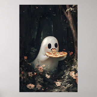 Affiche Ghost Eating Pizza Print, Halloween Cottagecore