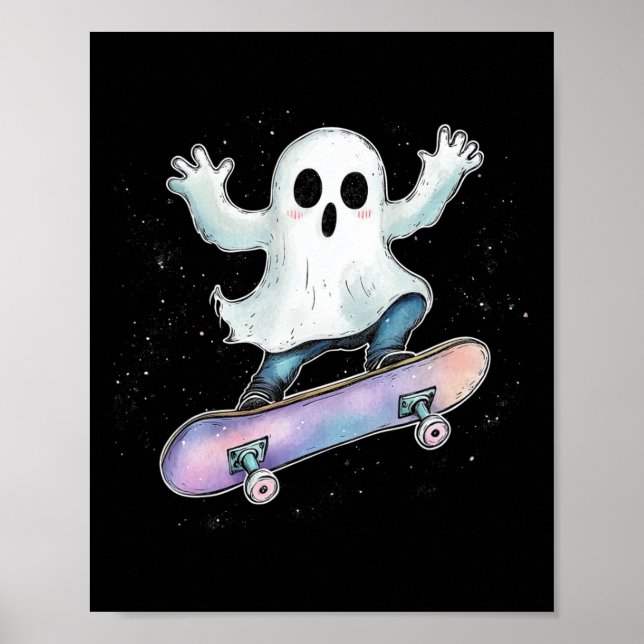 Affiche Ghost mignon Sur Skateboard Drôle Halloween Patine (Devant)