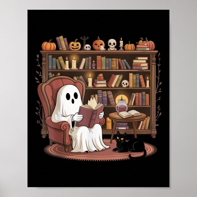 Affiche Ghost Reading Book Lovers Halloween Spooky Library (Devant)