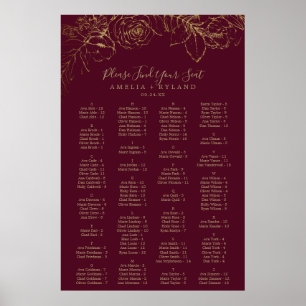 Affiche Gilded Floral Burgundy Alphabetical Seating Chart