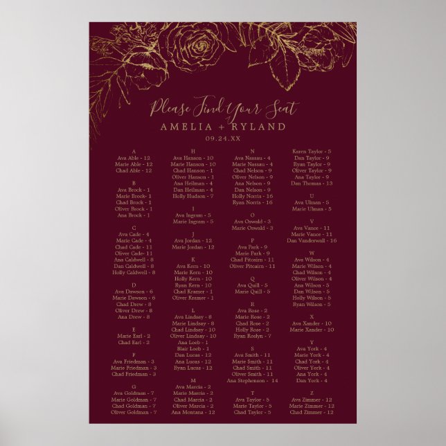 Affiche Gilded Floral Burgundy Alphabetical Seating Chart (Devant)