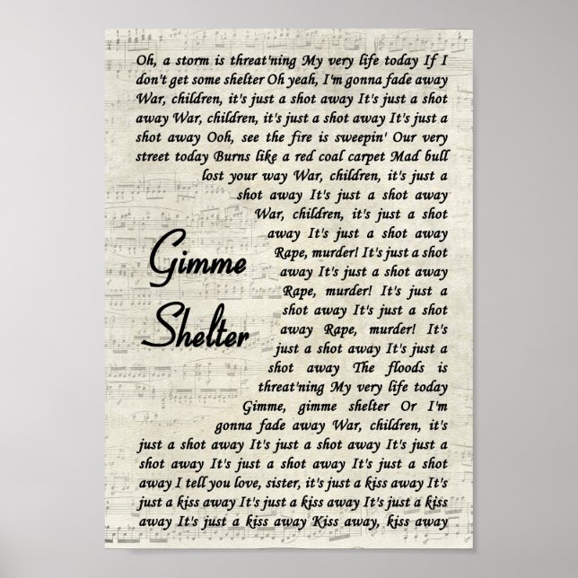 Affiche Gimme Shelter Vintage Script Chanson Lyrique Print (Devant)