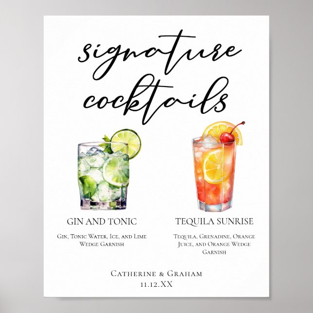Affiche Gin et Tonic Tequila Sunrise Cocktails Menu (Devant)