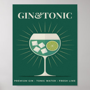 Affiche Gin Tonic Rétro Graphique de Cocktail Vert Foncé