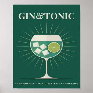 Affiche Gin Tonic Rétro Graphique de Cocktail Vert Foncé