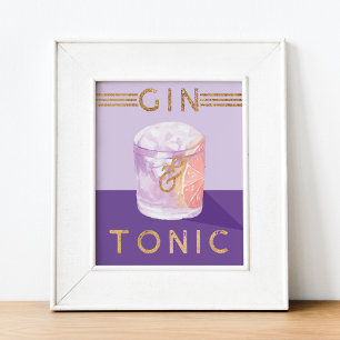 Affiche Gin & Tonic Retro Purple Cocktail Aquarelle